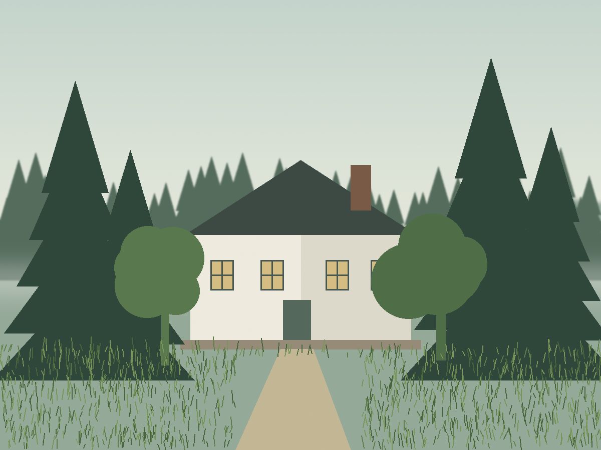 White farmhouse with a gabled roof surrounded by tall spruce trees